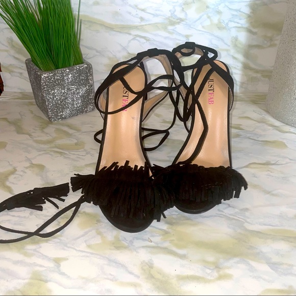 JustFab Tayrey Suede Wrap Around Fringe Tassel Stiletto Strappy Heels - Black - Picture 6 of 11